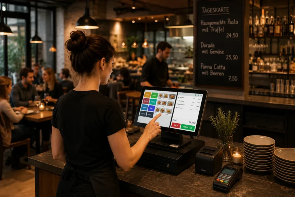 Kassensystem in der Gastronomie, Bedienung am Touchscreen-Kassenterminal