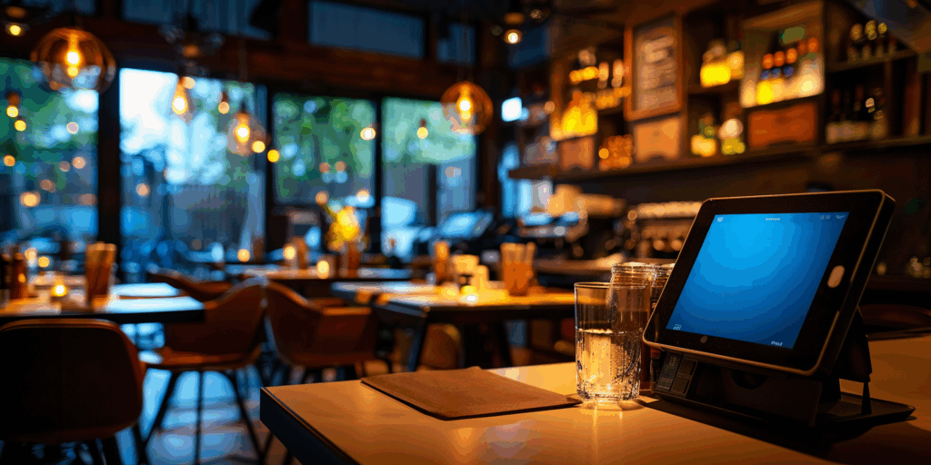 Modernes Kassensystem auf einem Tresen, im Hintergrund Restaurant mit Tischen und Stühlen