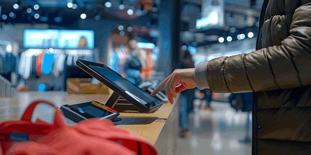 Bezahlung an einem modernen Kassensystem im Einzelhandel, Kunde bezahlt an digitaler Tablet-Kasse