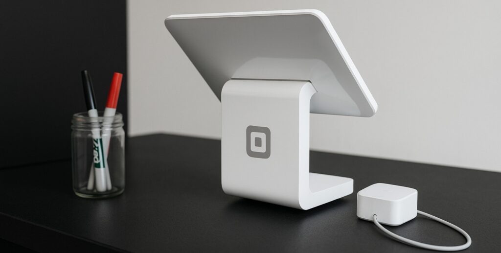 Eine digitale Tablet Kasse steht auf einem schwarzen Schreibtisch, daneben steht ein Glas mit Stiften.