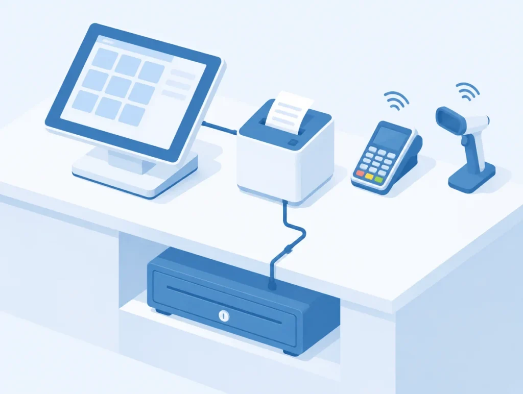 Illustration der Verbindung von Kasse, Bondrucker und Kassenlade sowie kabellosem Scanner und Kartenterminal