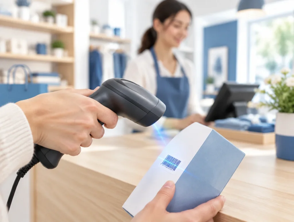 Handscanner erfasst einen Artikel an der Kasse einer Boutique, Kassiererin unscharf im Hintergrund