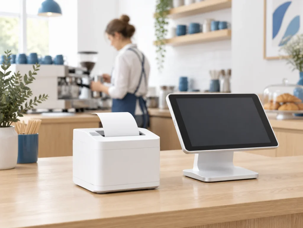 Bondrucker neben Tablet-Kasse auf einer Cafétheke mit Barista im Hintergrund