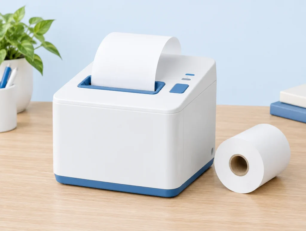 Weißer Bondrucker mit leerem Thermobon und Ersatzrolle auf hellblauem Grund