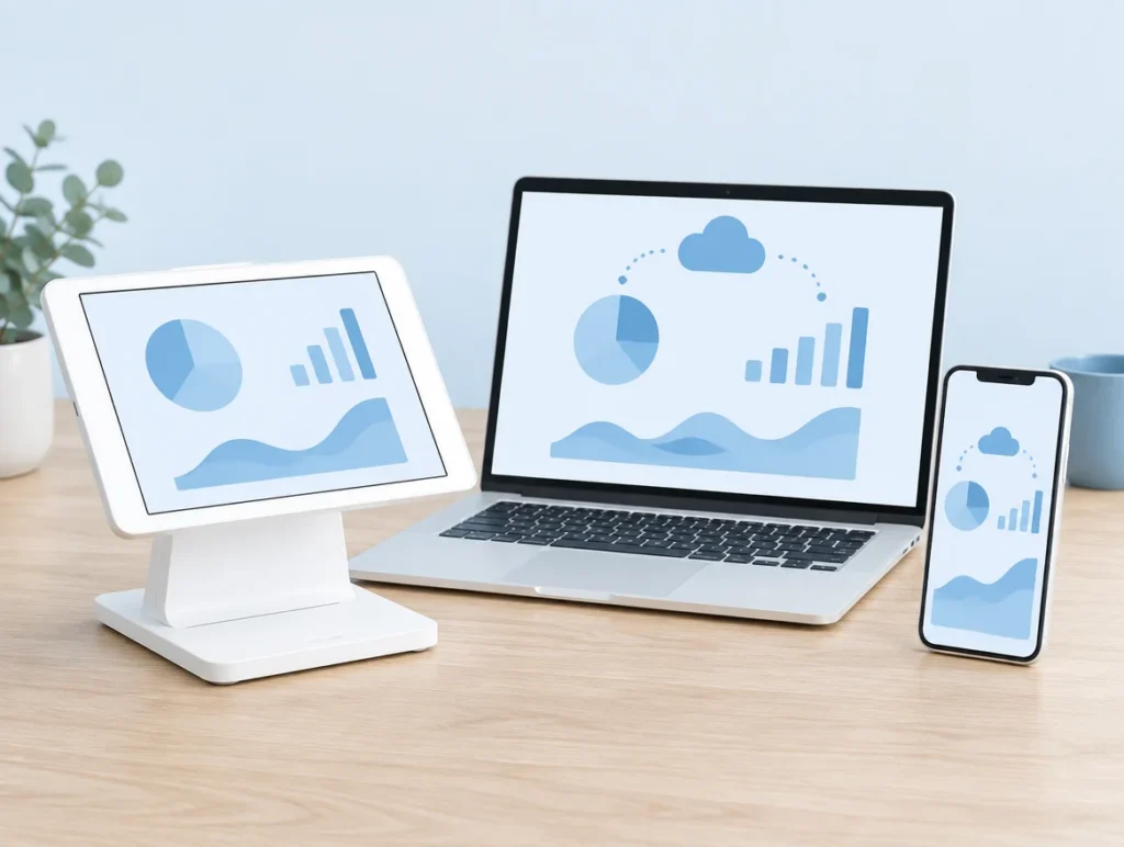 Tablet-Kasse, Laptop und Smartphone mit Umsatzgrafiken als ein gemeinsames Cloud-Kassensystem