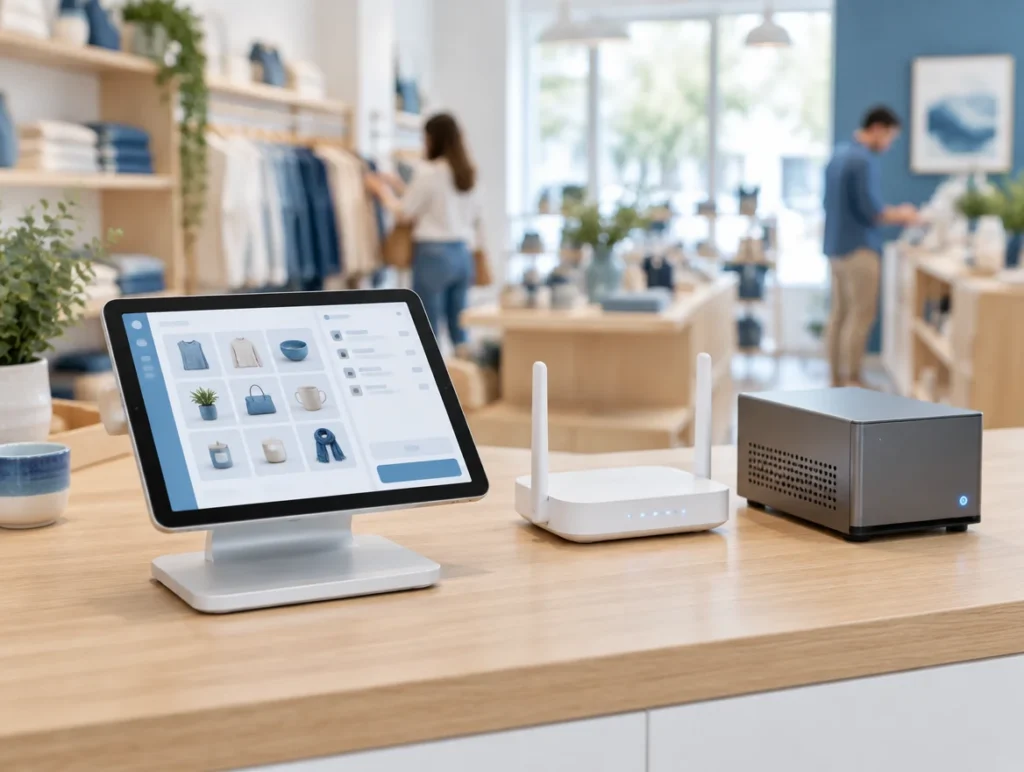 Tablet-Kasse neben Router und kleinem lokalen Server auf einer Ladentheke