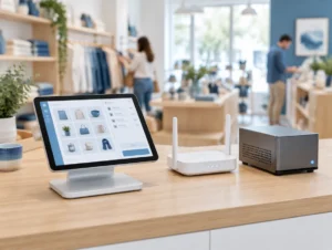 Tablet-Kasse neben Router und kleinem lokalen Server auf einer Ladentheke