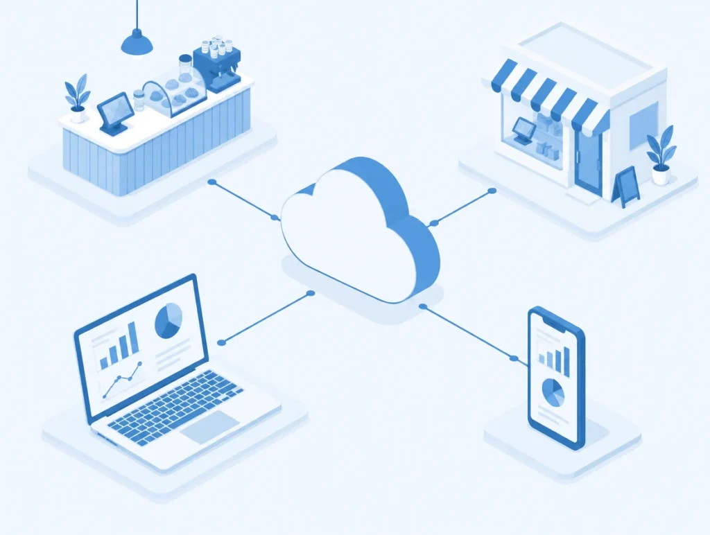 Illustration einer Cloud, die Cafékasse, Ladenkasse, Laptop und Smartphone miteinander verbindet