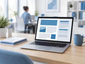 Laptop mit strukturiertem Rechnungsdokument auf einem hellen Schreibtisch