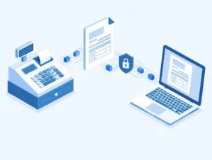 Illustration einer Kasse, die eine strukturierte digitale Rechnung an den Laptop eines Geschäftskunden sendet