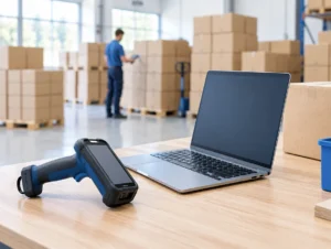 Handscanner und Laptop auf einem Packtisch vor Paletten mit Kartons im Lager