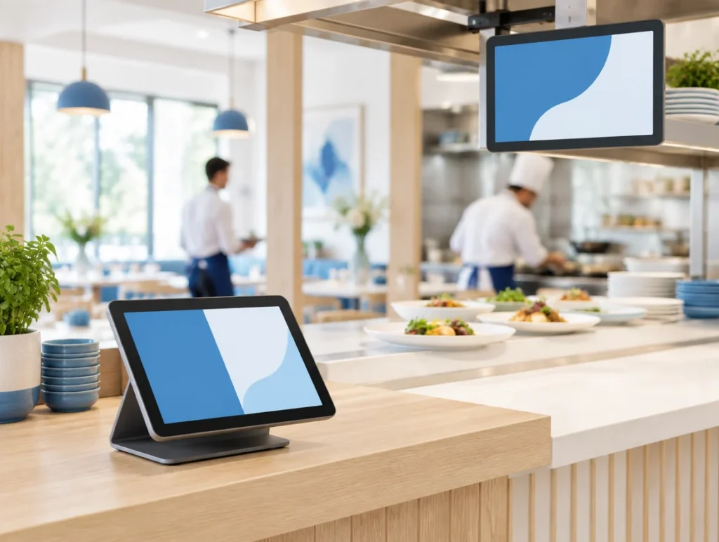 Tablet-Kasse und Küchenmonitor am Pass eines Hotelrestaurants