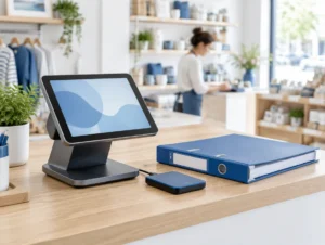 Touchscreen-Kasse neben einem blauen Ordner und einer externen Festplatte auf einer hellen Ladentheke