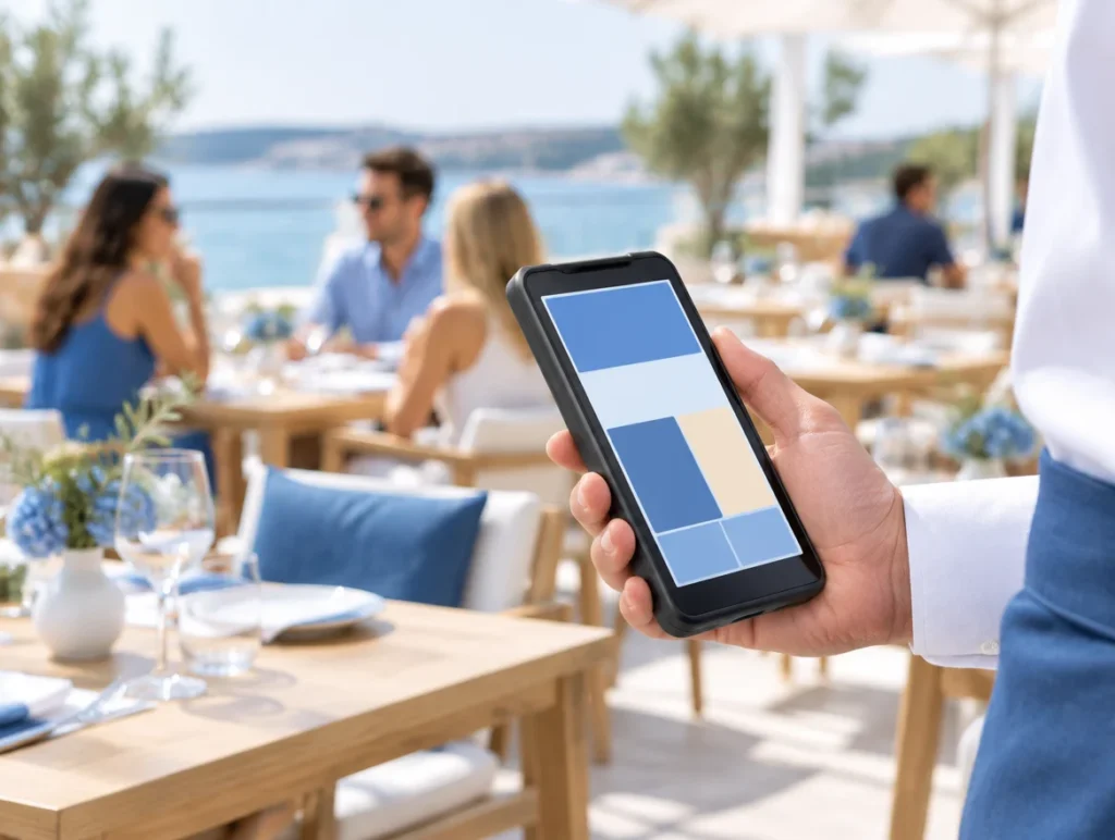 Servicekraft hält ein Handheld zur Bestellaufnahme auf einer Restaurantterrasse