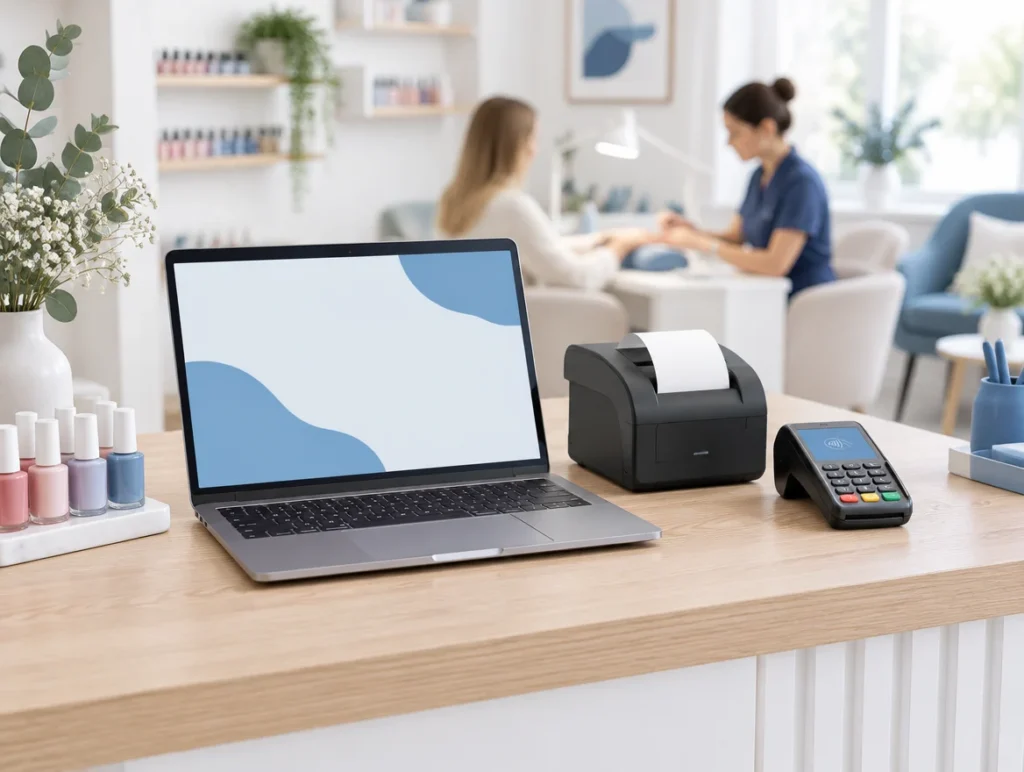 Laptop mit Browserkasse, Bondrucker und Kartenleser am Empfang eines Nagelstudios