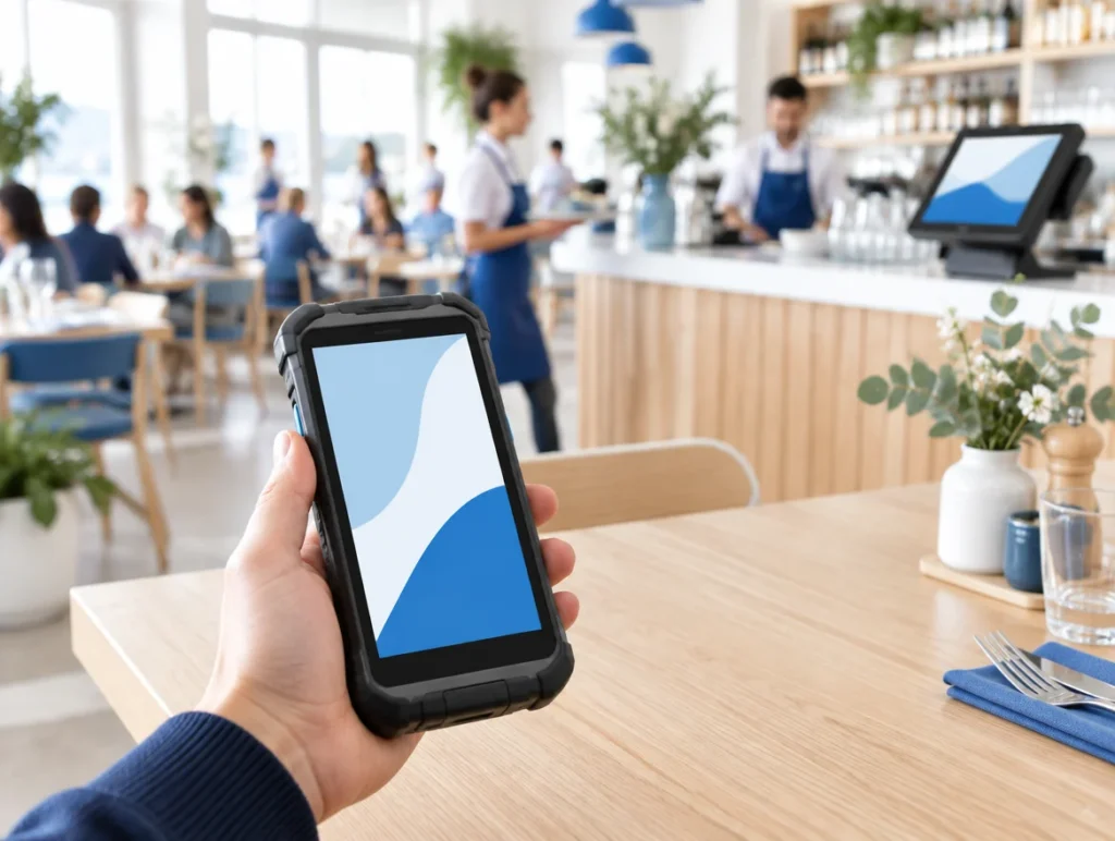 Handheld zur Bestellaufnahme über einem Restauranttisch