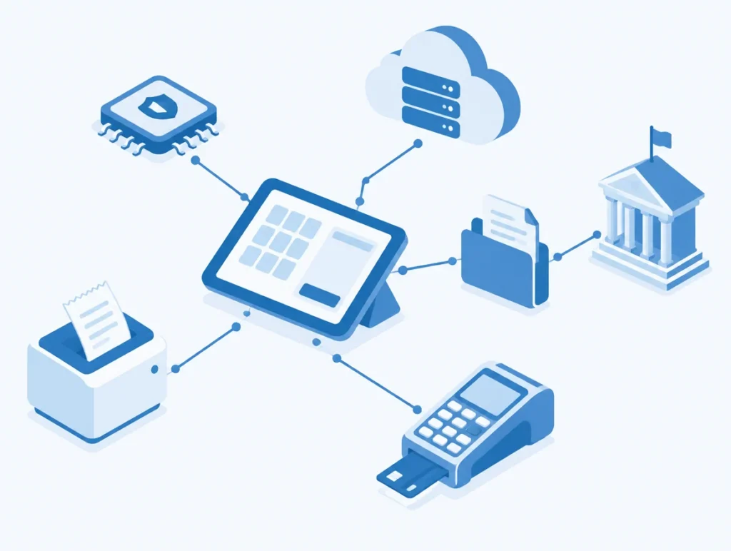 Illustration der Architektur eines Kassensystems mit TSE, Cloud, Drucker, Terminal und Datenexport