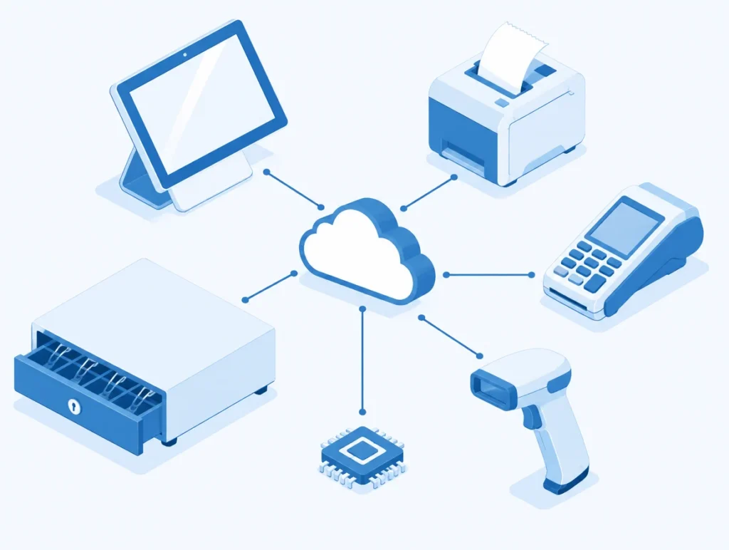 Illustration der Bestandteile eines Kassensystems rund um eine Cloud
