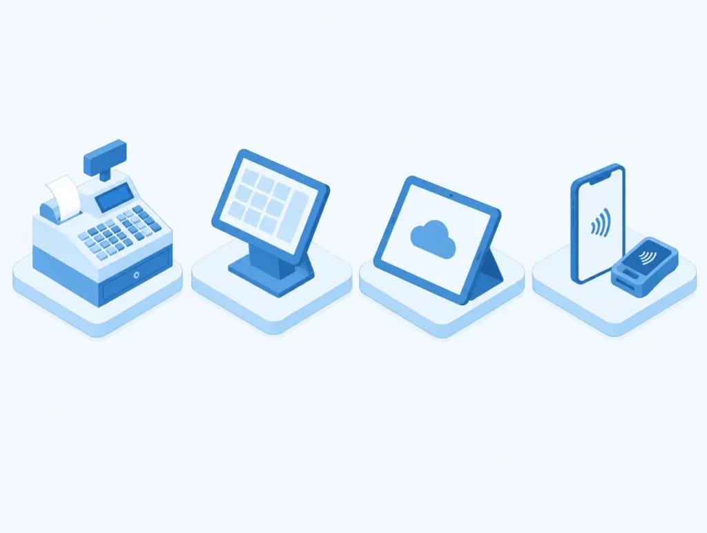 Illustration von vier Kassenarten von der Registrierkasse bis zur Smartphone-Kasse