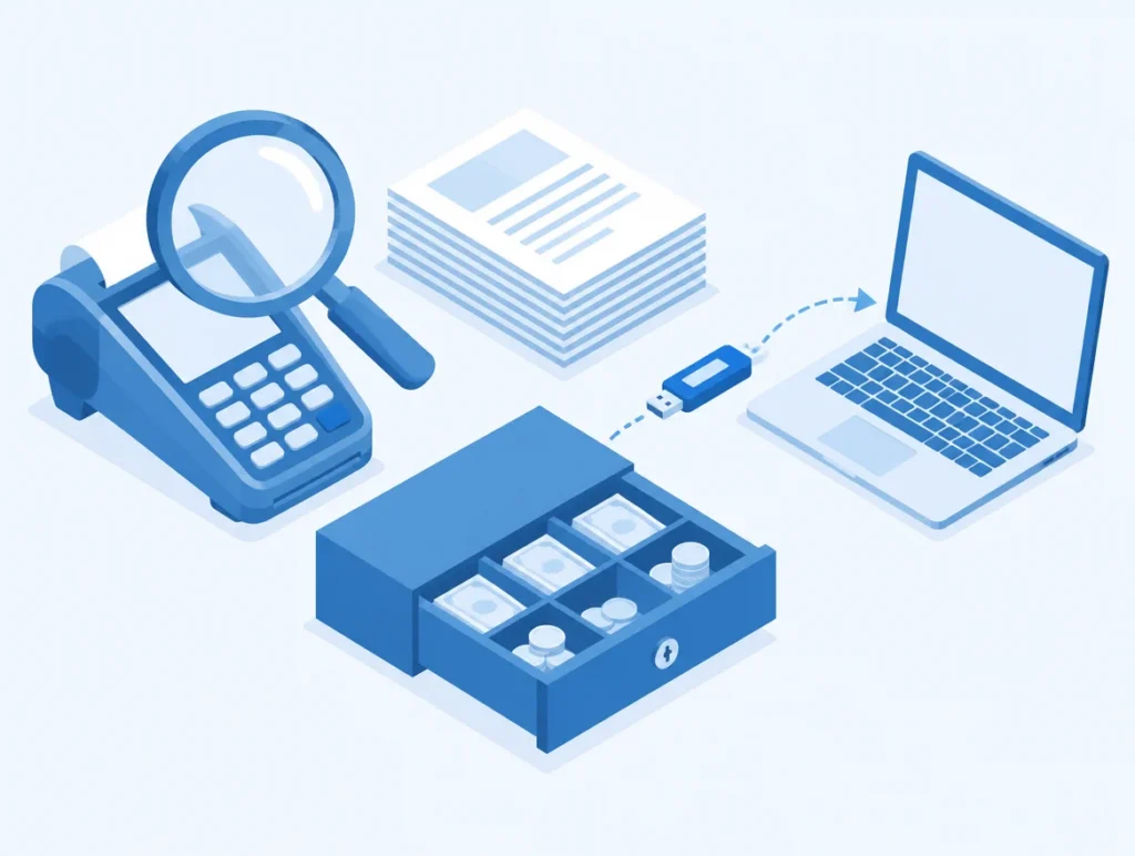 Illustration einer Lupe über einer Kasse mit Unterlagen, Kassenlade und Datenexport