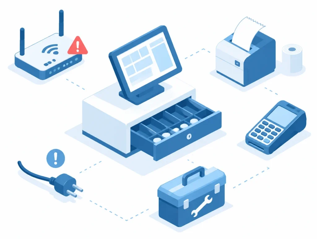 Infografik einer Kasse mit Router, Bondrucker, Kartenterminal und Werkzeug für die strukturierte Fehlersuche