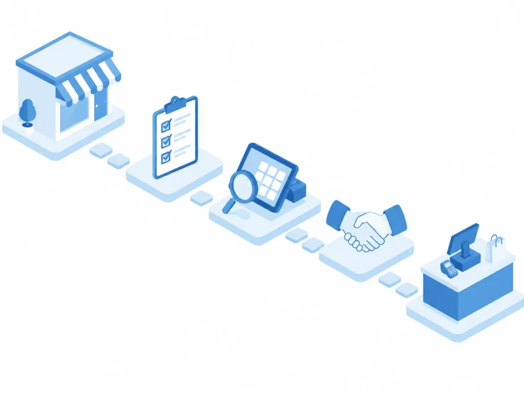 Infografik eines Entscheidungswegs vom Ladengeschäft über Checkliste und Vergleich bis zur fertigen Kasse
