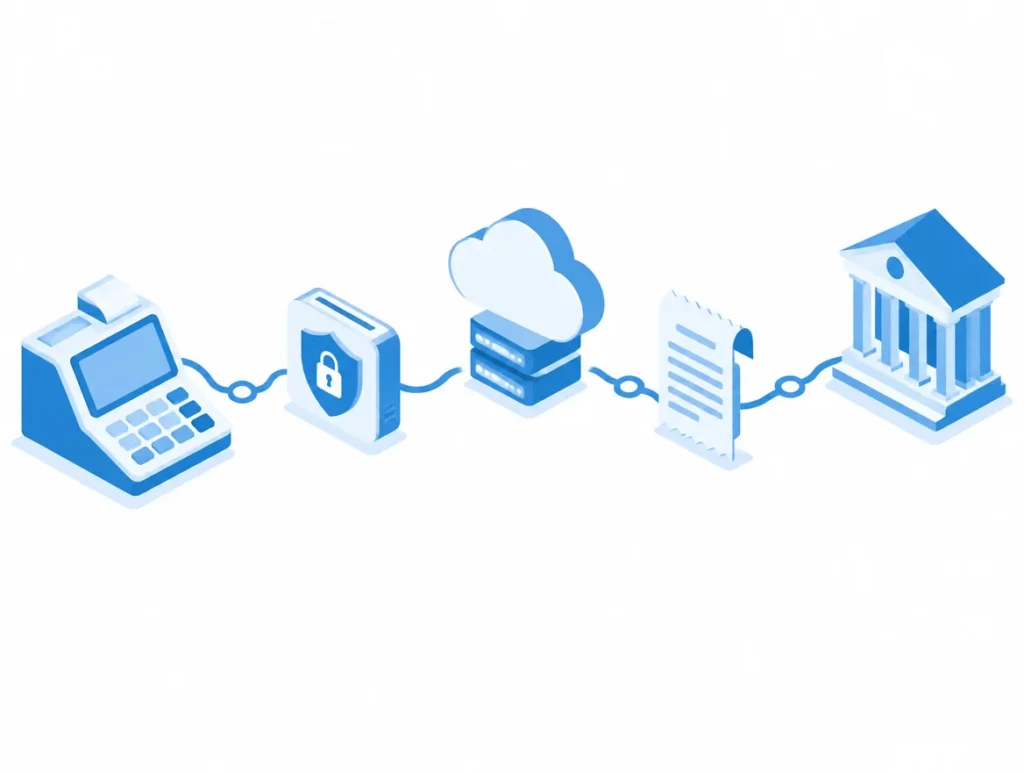 Infografik der Pflichtkette von Kasse, Sicherheitsmodul, Cloud, Beleg und Finanzverwaltung