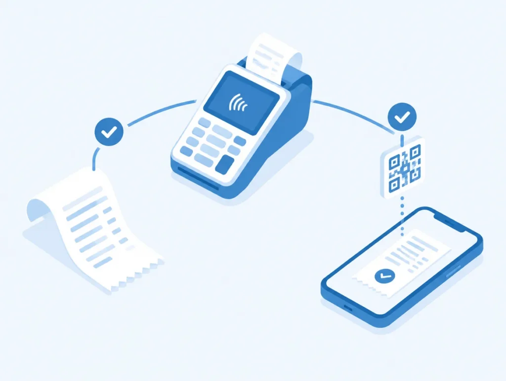 Illustration einer Kasse mit Weg zum Papierbeleg und zum digitalen Beleg auf dem Smartphone