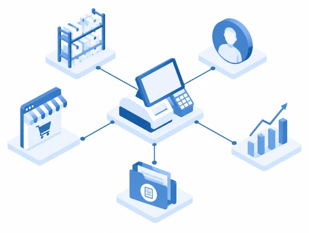 Infografik eines Kassenterminals, das mit Lager, Kundendaten, Onlineshop und Buchhaltung verbunden ist