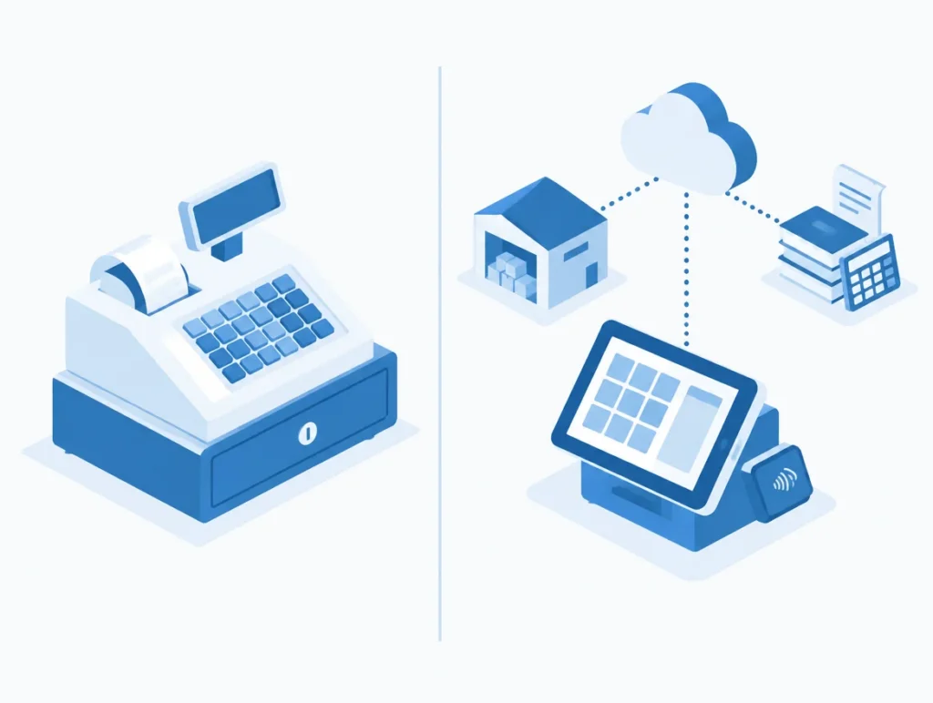 Infografik einer einfachen Registrierkasse im Vergleich zu einer vernetzten Tablet-Kasse mit Cloud und Lager