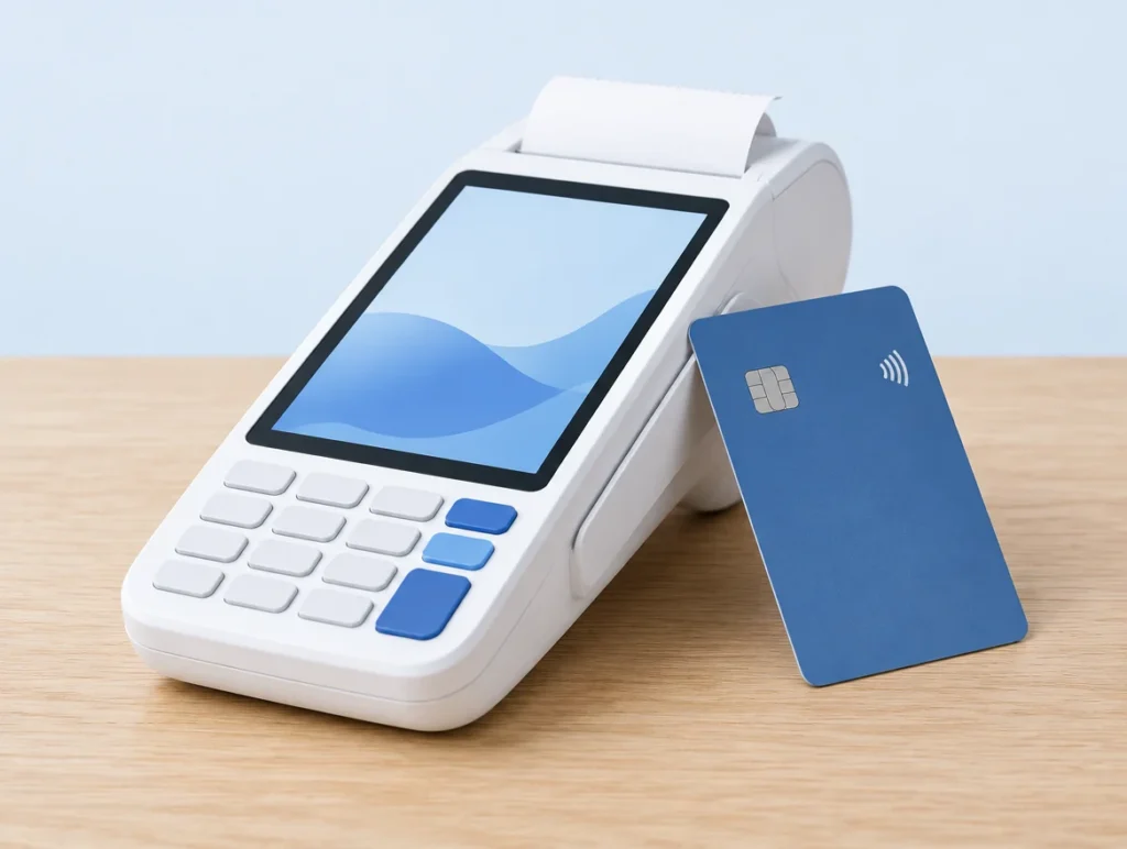 Kartenterminal mit Touchscreen und eingebautem Belegdrucker neben einer kontaktlosen Bezahlkarte