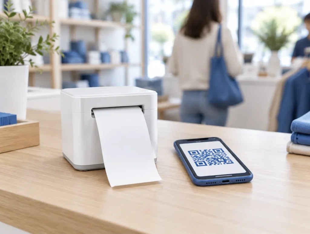 Bondrucker gibt einen Kassenbon aus, daneben ein Smartphone mit Code für den digitalen Beleg