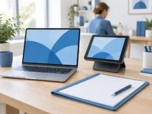 Laptop und Tablet-Kasse auf einem Schreibtisch bei der Vorbereitung der Kassenmeldung