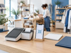 Elektronische Kasse mit Bondrucker und Smartphone für den digitalen Kassenbeleg auf einer hellen Ladentheke