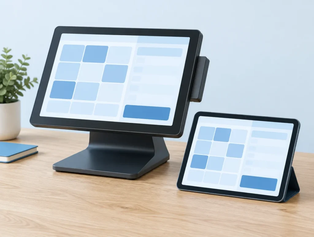 Touchscreen-Kasse und Tablet mit schlichter Kassenoberfläche aus blauen Kacheln