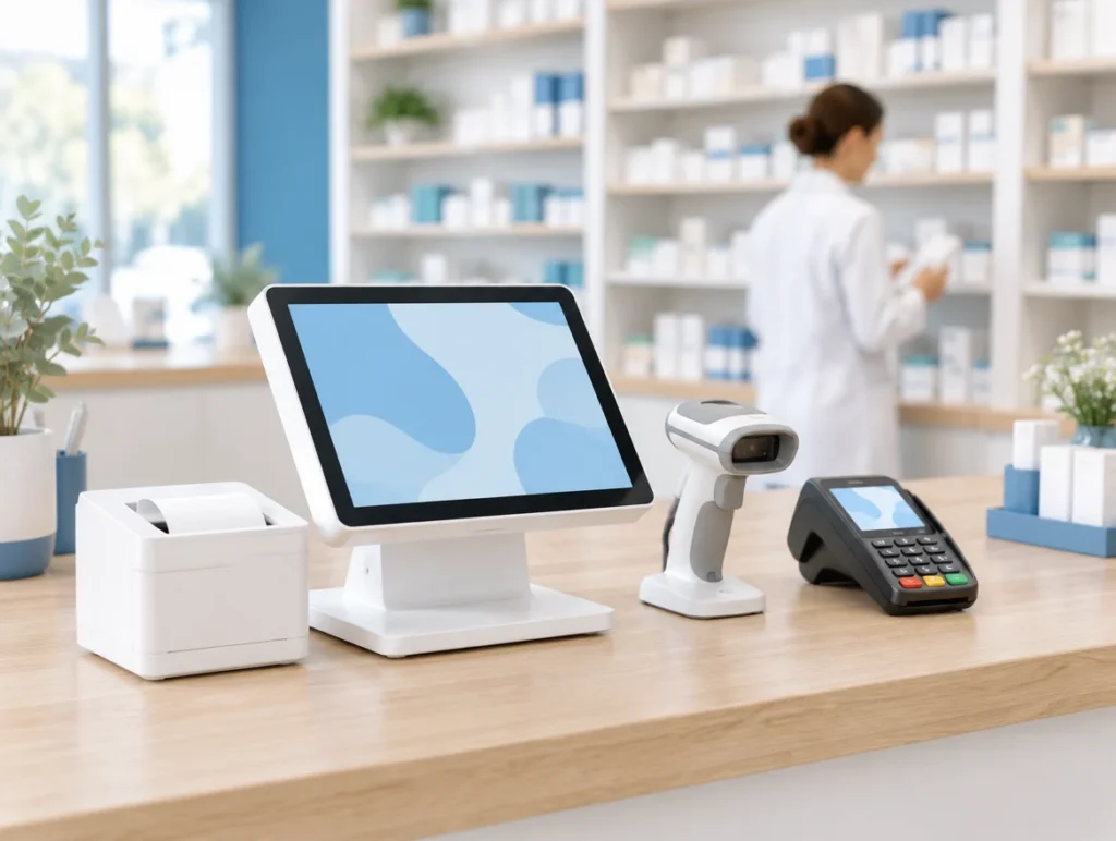 Kompakte Touchkasse mit 2D-Scanner und Kartenterminal auf der Holztheke einer hellen Apotheke, im Hintergrund unscharf Regale und eine Apothekerin