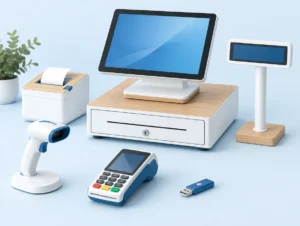 Stillleben der Kassenbestandteile mit Touchkasse, Bondrucker, Kassenlade, Scanner, Kartenterminal und Sicherheitsmodul