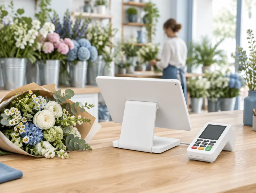 Tablet-Kasse und Kartenterminal auf einem Holztisch im Blumenladen, daneben ein frisch gebundener Strauß