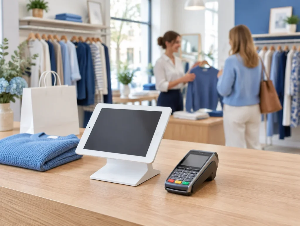 Tablet-Kasse und Kartenterminal auf der Holztheke einer Boutique, daneben ein gefalteter Pullover