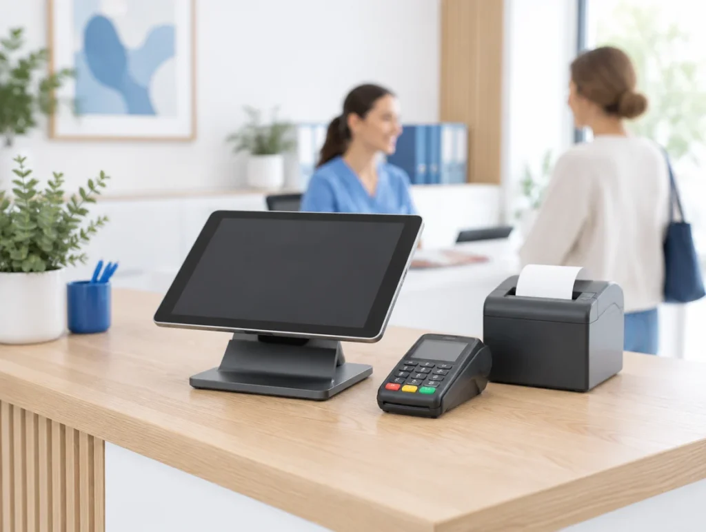 Tablet-Kasse mit Kartenterminal und Bondrucker am Empfang einer hellen Arztpraxis