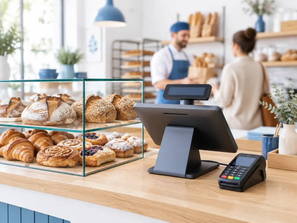 Kasse mit Kundendisplay und Kartenterminal an der Theke einer Bäckerei mit Brot und Gebäck