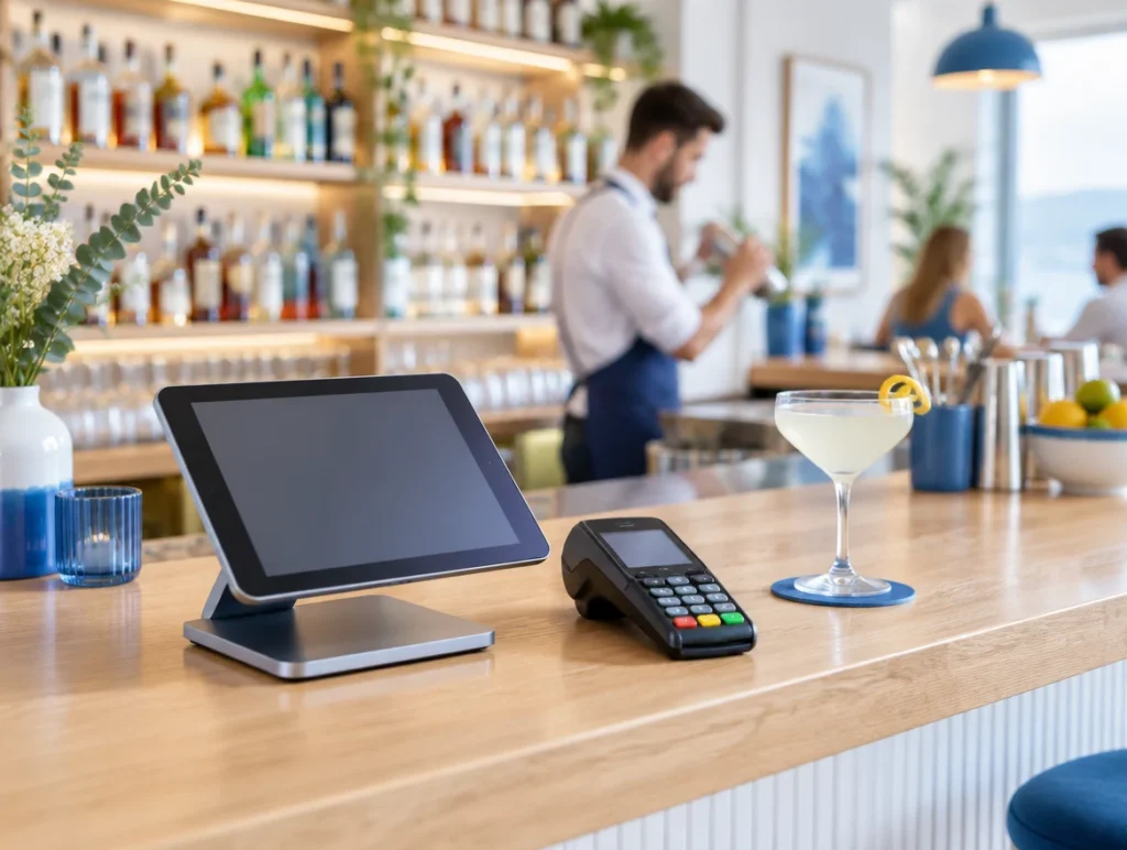 Tablet-Kasse und Kartenterminal auf dem Holztresen einer hellen Cocktailbar
