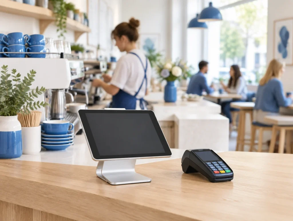 Tablet-Kasse und Kartenterminal auf der Theke eines hellen Cafés mit Siebträgermaschine
