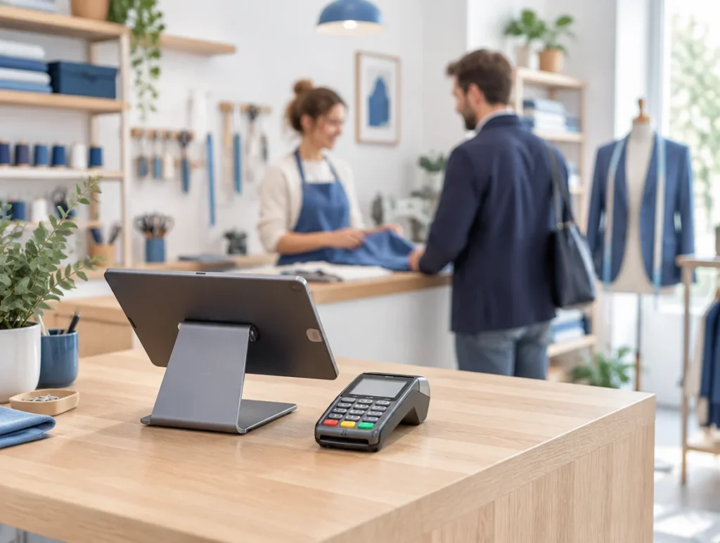 Tablet-Kasse und Kartenterminal am Empfang eines kleinen Dienstleistungsbetriebs