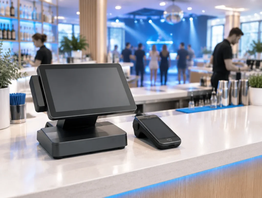 Stationäre Kasse und Kartenterminal am Tresen eines Clubs vor der Öffnung