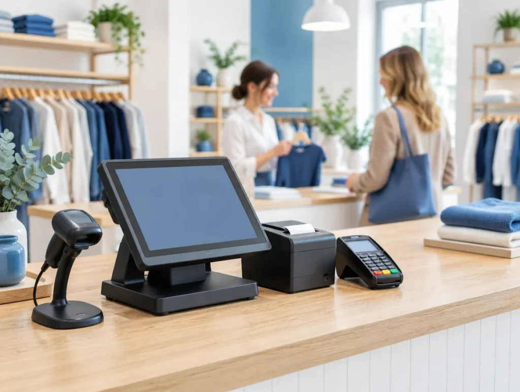 Kasse mit Barcodescanner, Bondrucker und Kartenterminal an der Theke einer Boutique