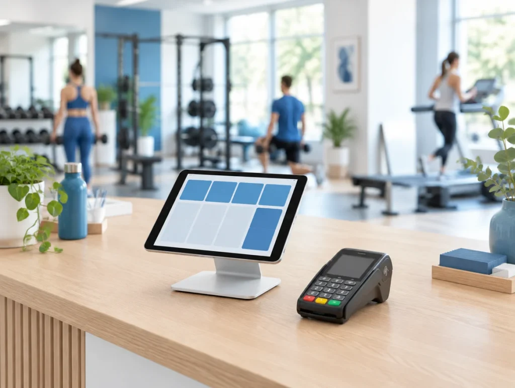 Tablet-Kasse und Kartenterminal am Empfang eines hellen Fitnessstudios