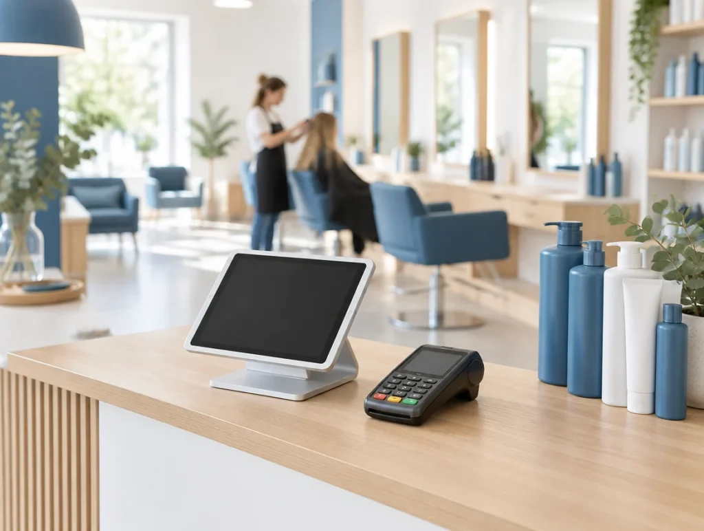 Tablet-Kasse und Kartenterminal am Empfang eines hellen Friseursalons