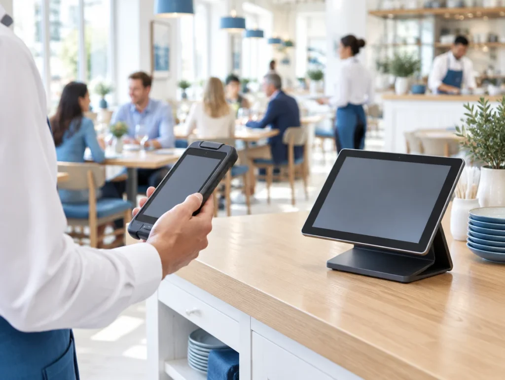 Servicekraft mit mobilem Bestellgerät neben einer Tablet-Kasse im Restaurant