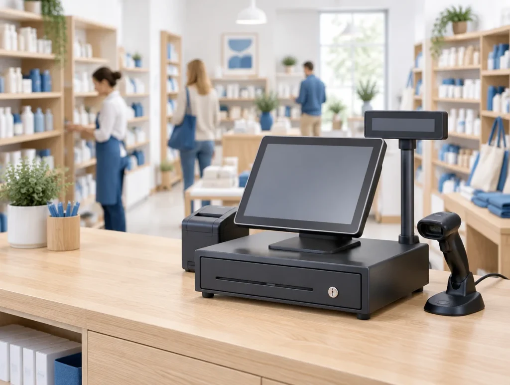 Kasse mit Kassenlade, Kundendisplay und Barcodescanner an der Theke eines Fachgeschäfts